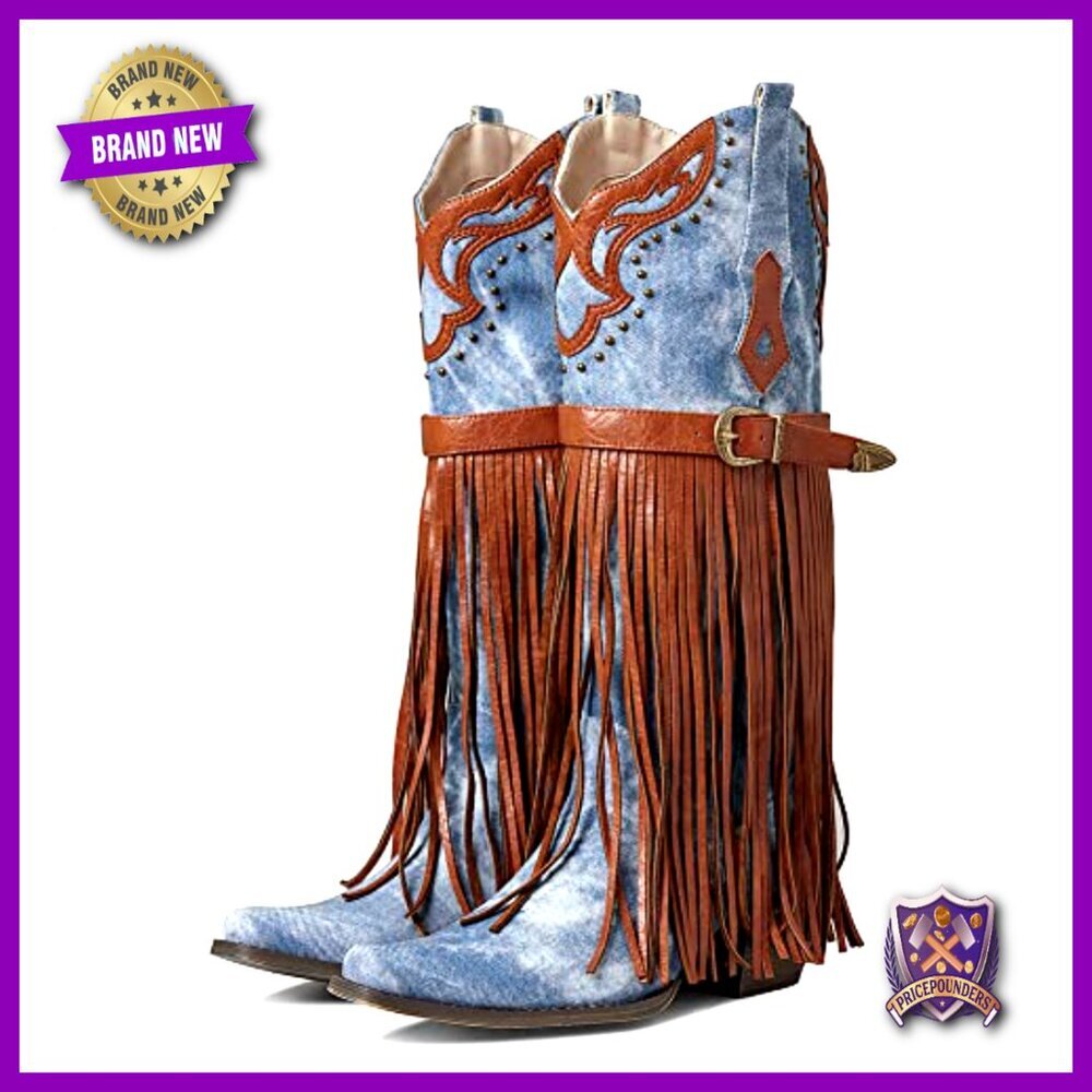 Western Booties Pointed Toe Chunky Heel Embroidered Fringe Pull-On Mid Calf - Picture 7 of 7